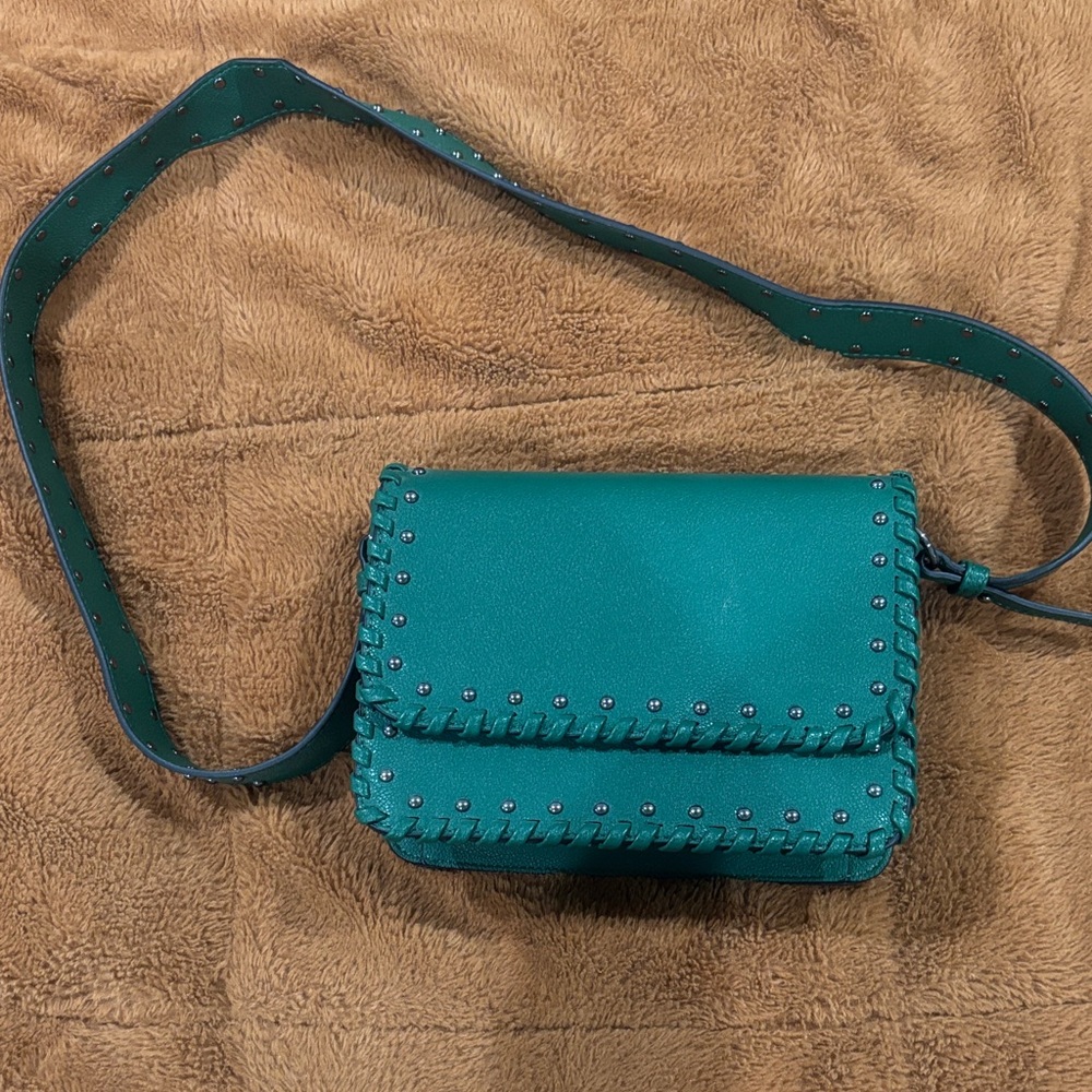 Green Whipstitch Leather Crossbody Bag with Stud Accents